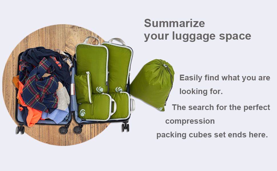 5 Set Compression Packing Cubes for Travel, Ultralight Packing Organizers Green