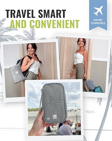 woman ready for travel with travel blankets, luggage, and wallet