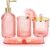 Haturi Bathroom Accessories Set, 4 Pcs Glass Sets Complete w/ Lotion Soap Dispenser, Toothbrush Holder, Apothecary Jar, Vanity Tray, Modern Decor, Gift for Home Apartment- Pink
